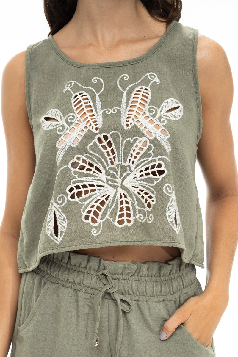 Art Deco Green Crop Top With Embroidery